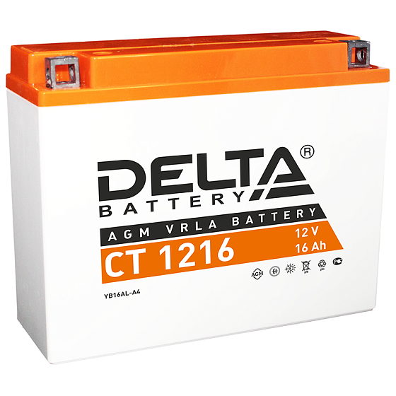 Аккумулятор для мотоциклов и скутеров - DELTA 200А 16A/h 207х72х164мм / CT 1216
